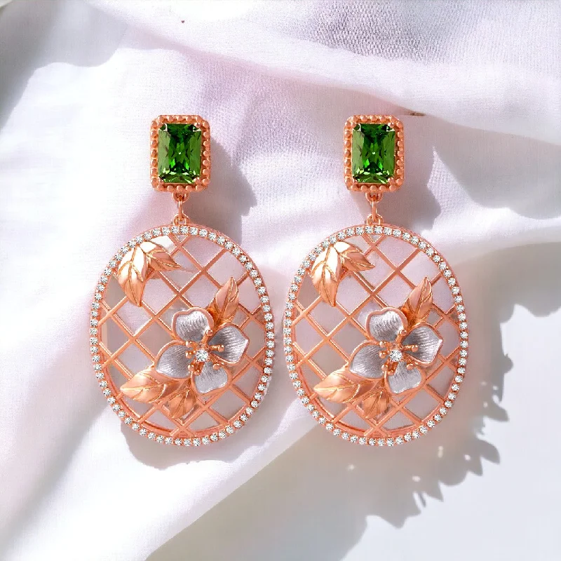 gold chandelier earrings -Green Stone Oval Rose gold Drop Earring