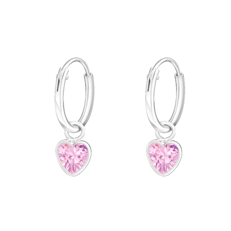 luxury hoop earrings -Children's Sterling Silver 'Pink Crystal Heart' Hoop Earrings