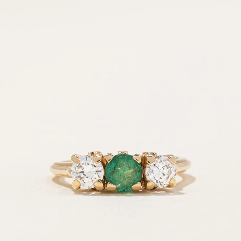 dainty gold rings -Diamond & Emerald Three Stone Ring | 0.44ctw, 0.31ct | SZ 3.5 |