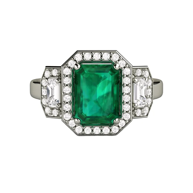 ring sets for women -Large Emerald Engagement Ring 3 Stone with Lab Created Diamond Halo