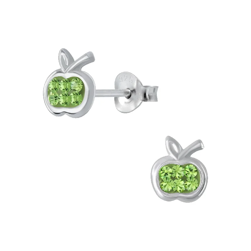 luxurious diamond earrings -Children's Sterling Silver Green Crystal Apple Stud Earrings