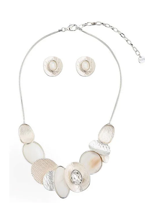 sparkly earrings for women -Adult's Silver and Cream Curvy Discs Necklace and Earrings Set