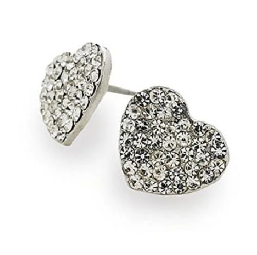 trendy drop earrings for women -Designer Style Silver and Crystal Diamante 'Sparkle Heart' Stud Earrings