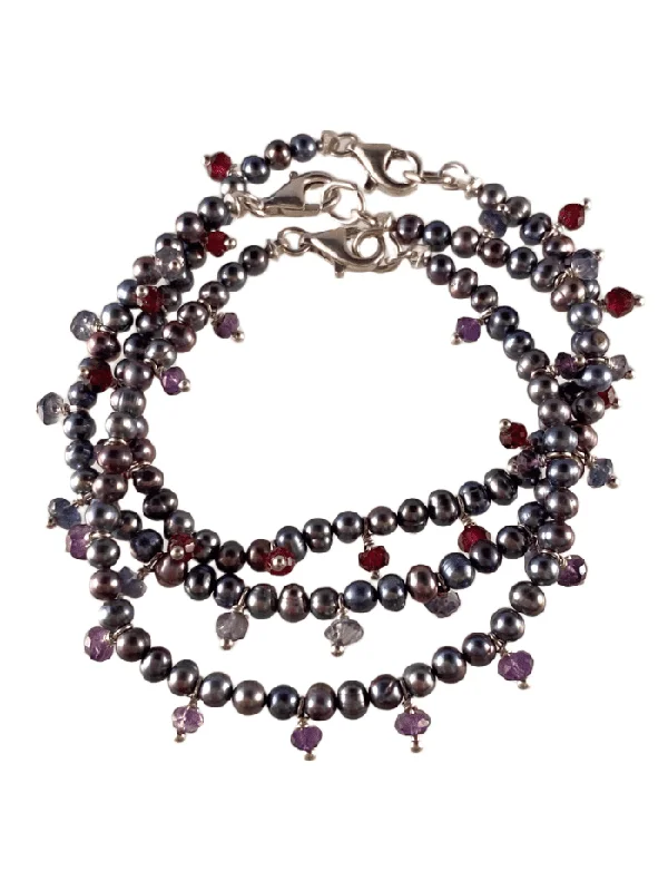 fashionable charm bracelets -Grey Pearl Fringed Gemstone Bracelet in Assorted Colors