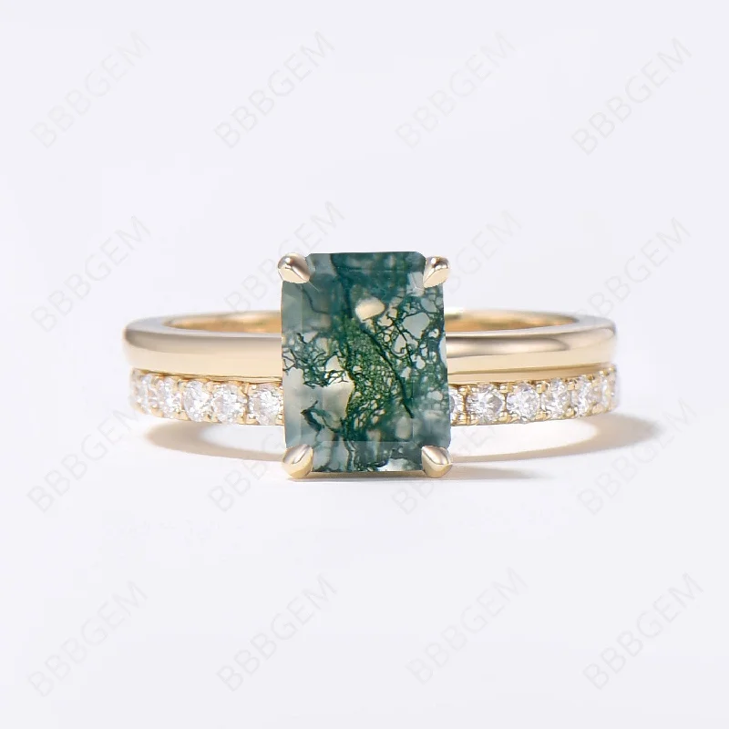 custom engagement rings -Hidden Halo Emerald Cut Moss Agate Engagement Ring Set