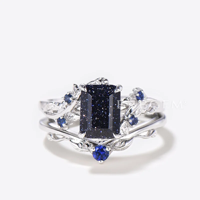 gold engagement rings with diamonds -2ct Emerald Cut Blue Sandstone Engagement Ring Nature Inspired Sapphire Bridal Set