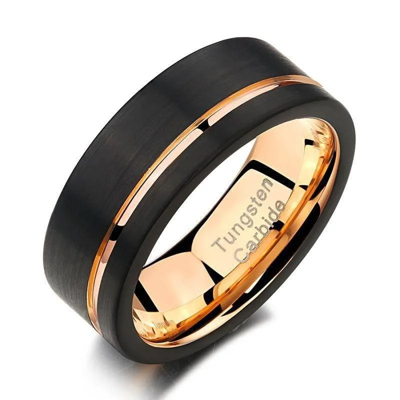 custom design engagement rings -Men's Wedding Band Tungsten Carbide Black with Rose Gold Line