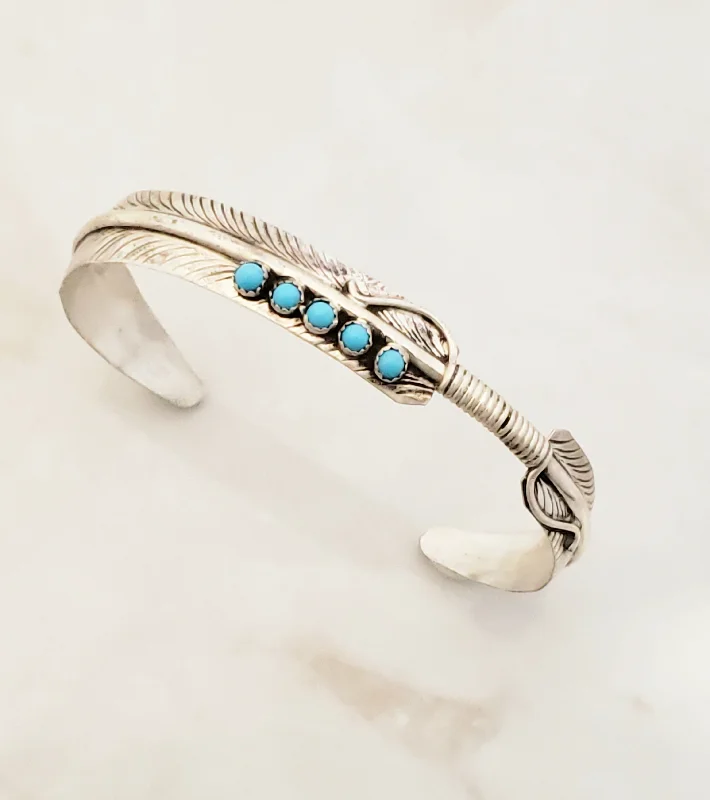 stylish bangles for women -Sterling Silver Turquoise 5 Stone Feather Adjustable Cuff Bracelet