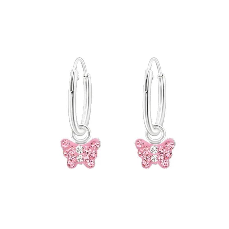 stylish earrings for women -Children's Sterling Silver 'Pink Crystal Butterfly' Hoop Earrings