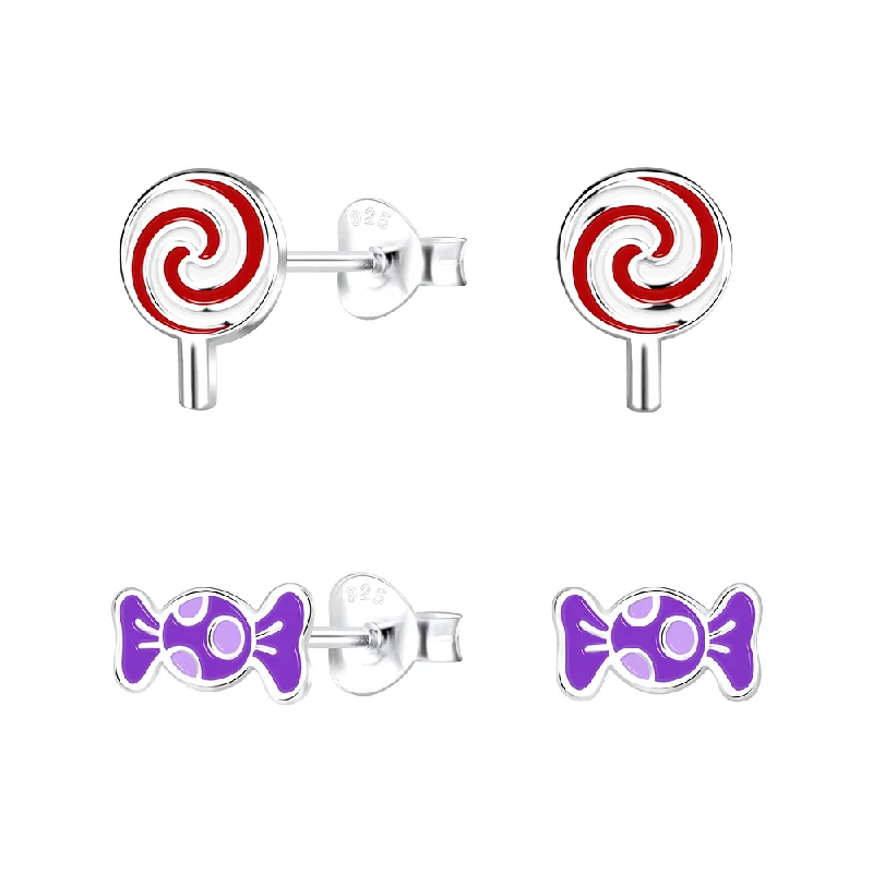 ear cuffs for women -Children's Sterling Silver Set of 2 Pairs of 'Sweet Treats' Themed Stud Earrings