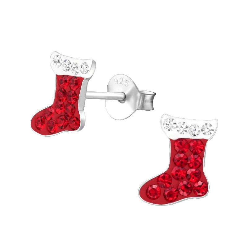 bridal earrings for women -Children's Sterling Silver Christmas Stocking Diamante Stud Earrings