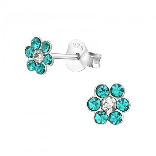 stud earrings for women -Children's Sterling Silver Turquoise Diamante Flower Stud Earrings