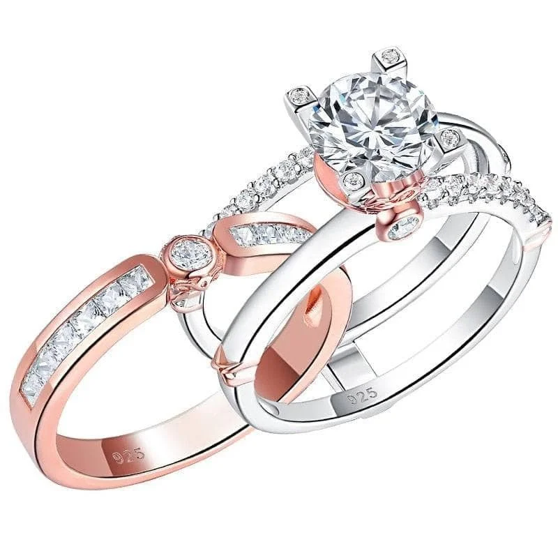 affordable vintage engagement rings -Rose Gold Round Cut Simulated Diamond Created Diamond Wedding Ring Set