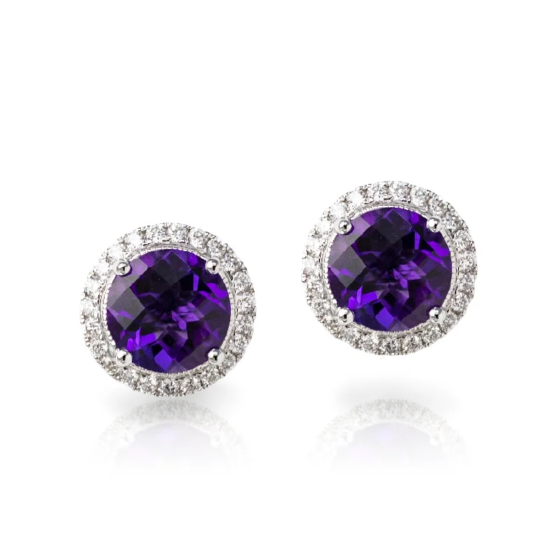 minimalist drop earrings -Round Amethyst and Diamond Earrings