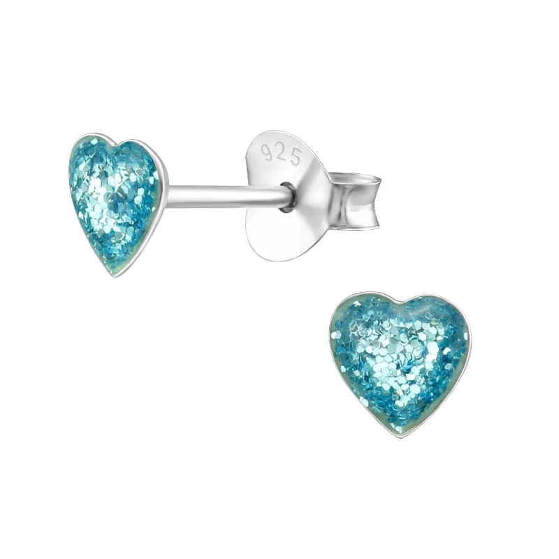 trendy drop earrings for women -Children's Sterling Silver Blue Glitter Heart Stud Earrings