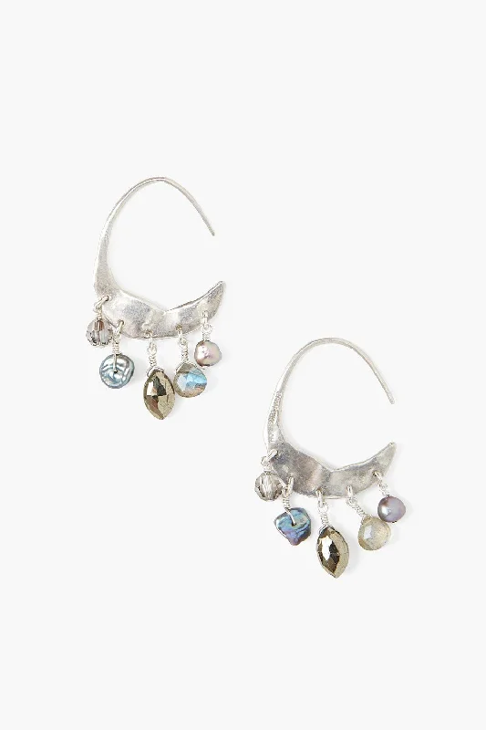 stud earrings for women -Petite Crescent Grey Pearl and Labradorite Mix Silver Hoop Earrings