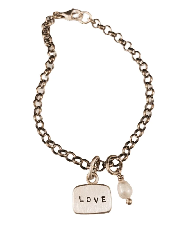 stylish bangles for women -Love Sterling Silver Tag Charm Bracelet with Pearl Drop