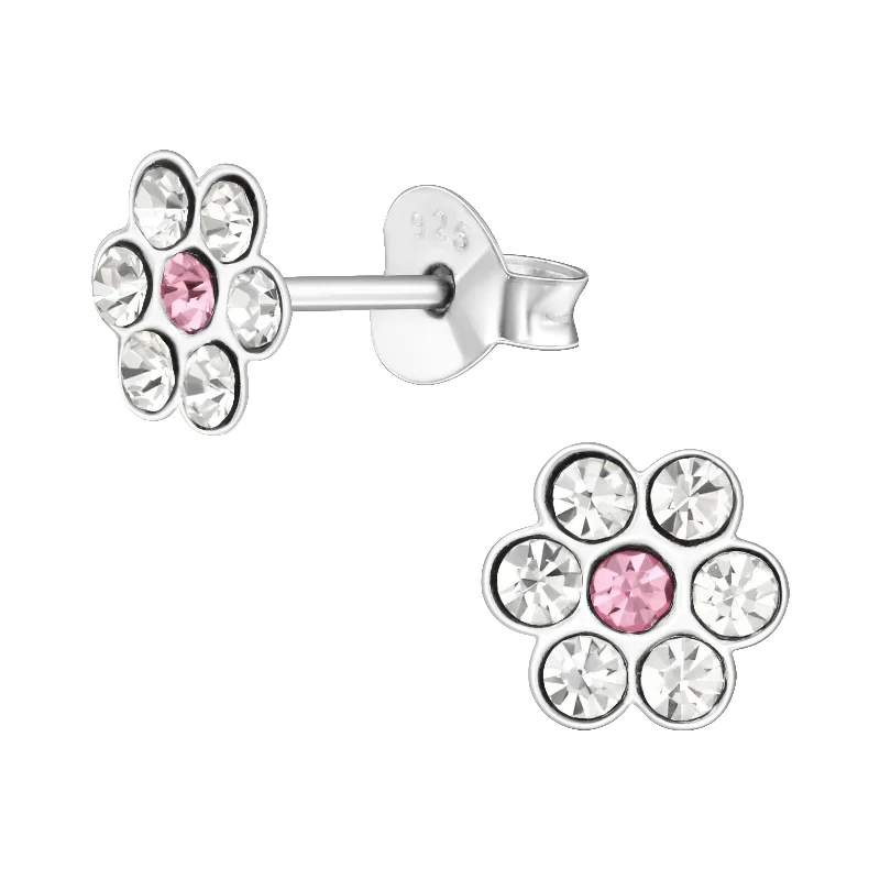 luxury hoop earrings -Children's Sterling Silver Pink and Clear Diamante Flower Stud Earrings