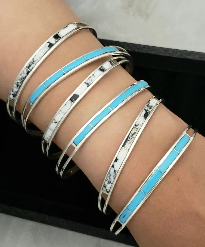 handmade charm bangles -Stamped Sterling Silver Inlay Turquoise & White Buffalo Adjustable Cuff Stacker Bracelets