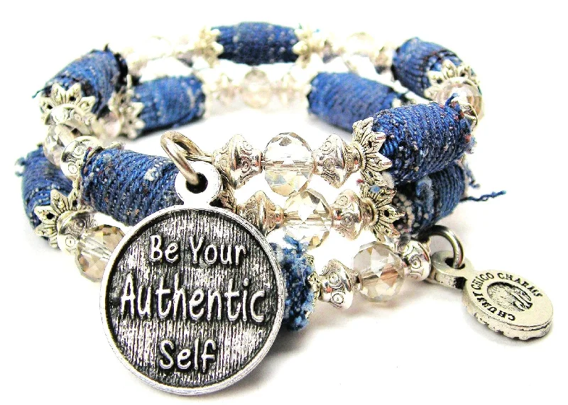 adjustable gold bracelets -Be Your Authentic Self Blue Jean Beaded Wrap Bracelet