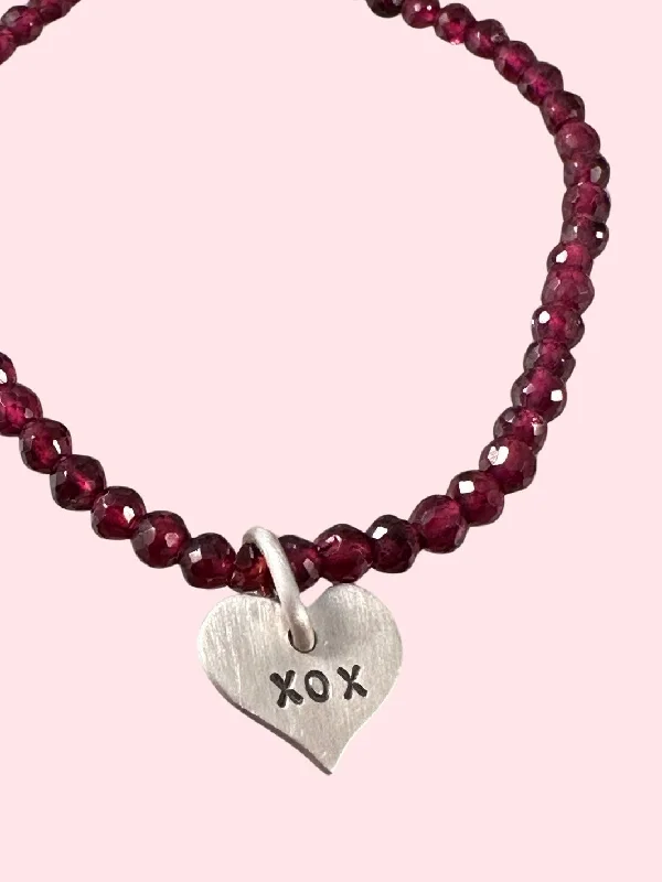 hand-crafted bangles -Garnet Beaded XOX Heart Charm Bracelet