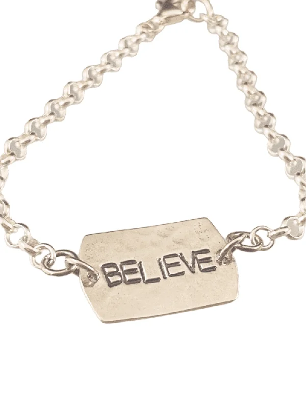 simple bangle bracelets for women -‘Believe’ Sterling Hammered Tag ID Bracelet