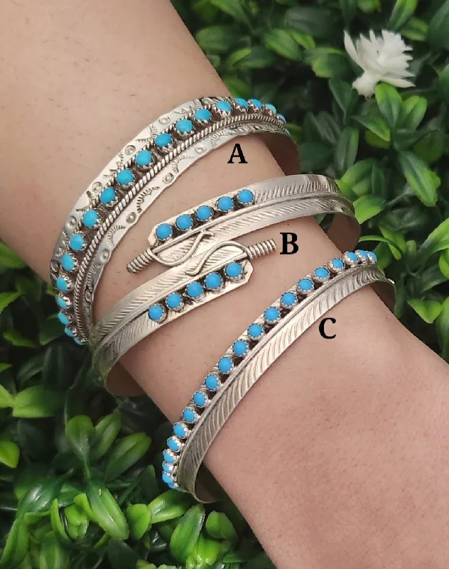 gold bangles for women -Navajo Stamped Sterling Silver Turquoise Feather Cuff Bracelets