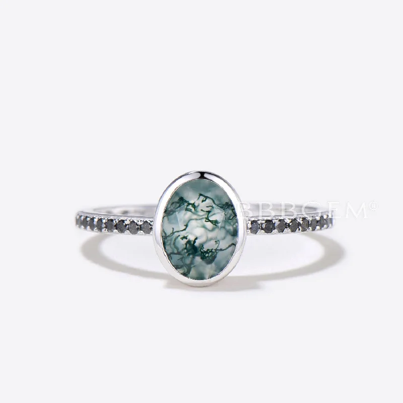 designer gold engagement rings -Bezel Set Oval Cut Moss Agate Ring White Gold Engagement ring