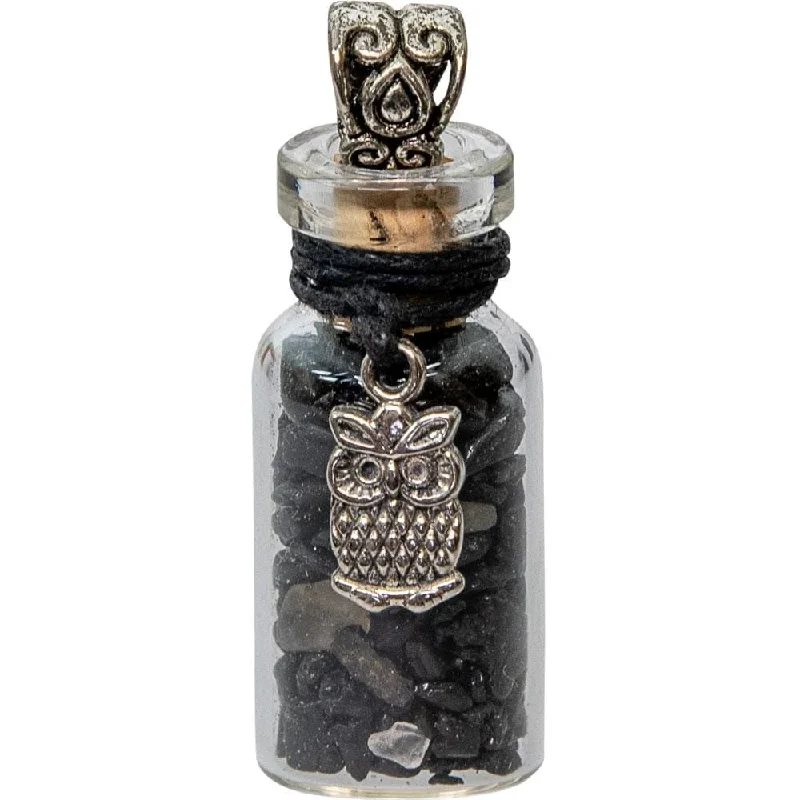 luxurious jade necklaces -1.75" Gemstone Chip Bottle Necklace - Black Tourmaline with Owl