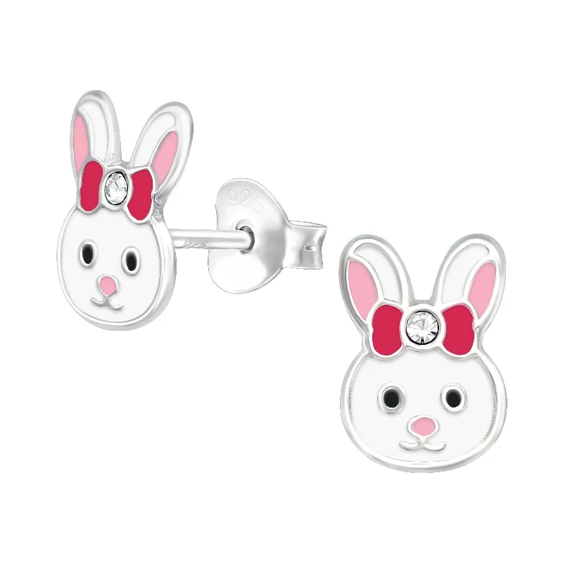 silver earrings for women -Children's Sterling Silver 'Bunny Rabbit With Crystal Bow' Stud Earrings