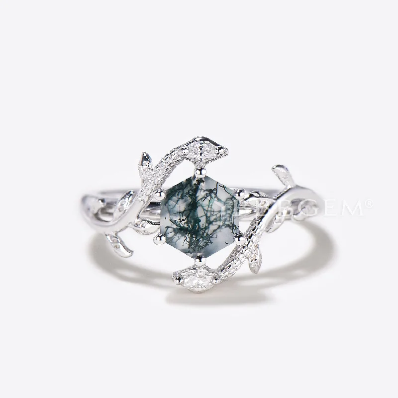 romantic engagement rings -Double Snake Ring Hexagon Moss Agate Engagement Ring Twig Leaf Ring