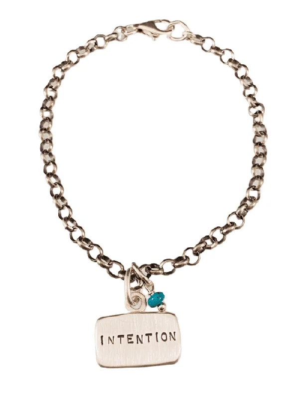 chic gemstone bangles -Intention Sterling Silver Tag Charm Bracelet with Turquoise Drop