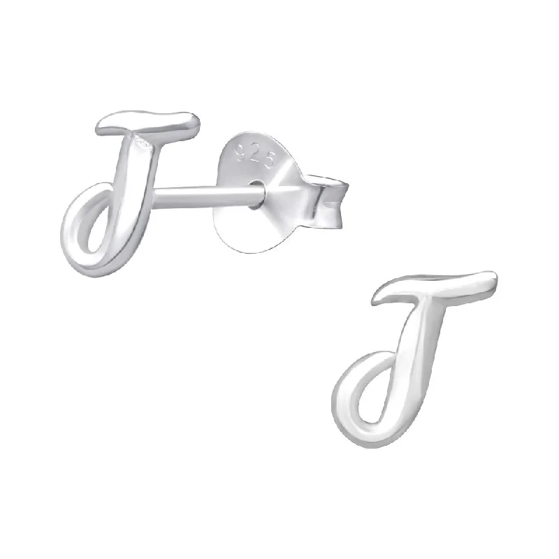 geometric earrings for women -Children's Sterling Silver 'Letter J' Stud Earrings