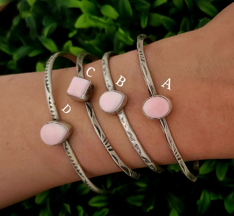 handmade bangles for women -Sterling Silver Pink Conch Shell Stone Stacker Bracelets