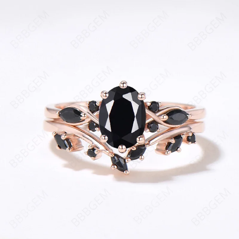 women’s wedding engagement rings -Cluster Oval Natural Black Onyx Engagement Ring Set