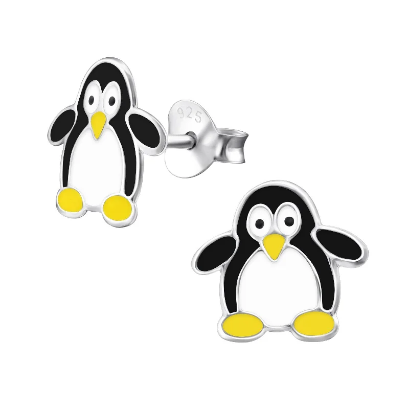 chic drop earrings -Children's Sterling Silver Penguin Stud Earrings