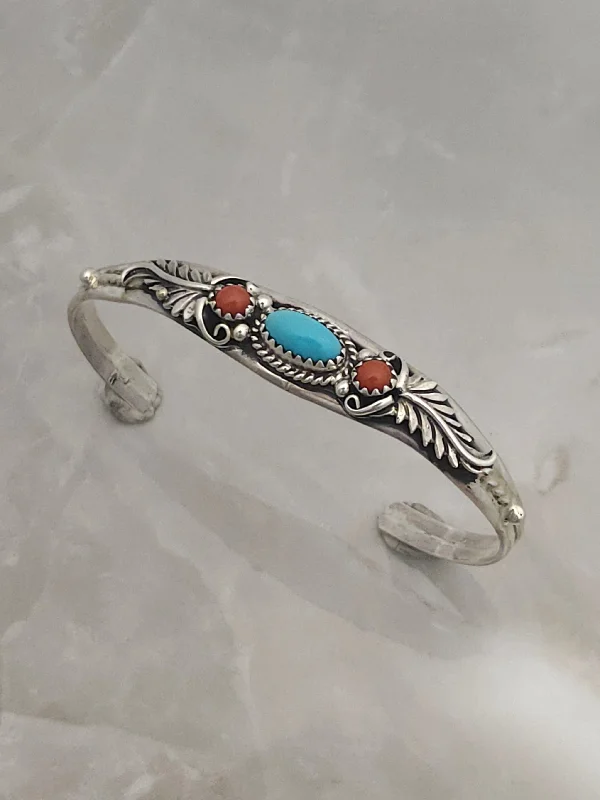 personalized bangles for women -Stamped Sterling Silver Turquoise & Coral Stone Cuff Bracelet