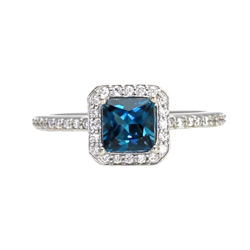 luxury platinum rings -Princess Cut London Blue Topaz Ring Square Diamond Halo Engagement Ring