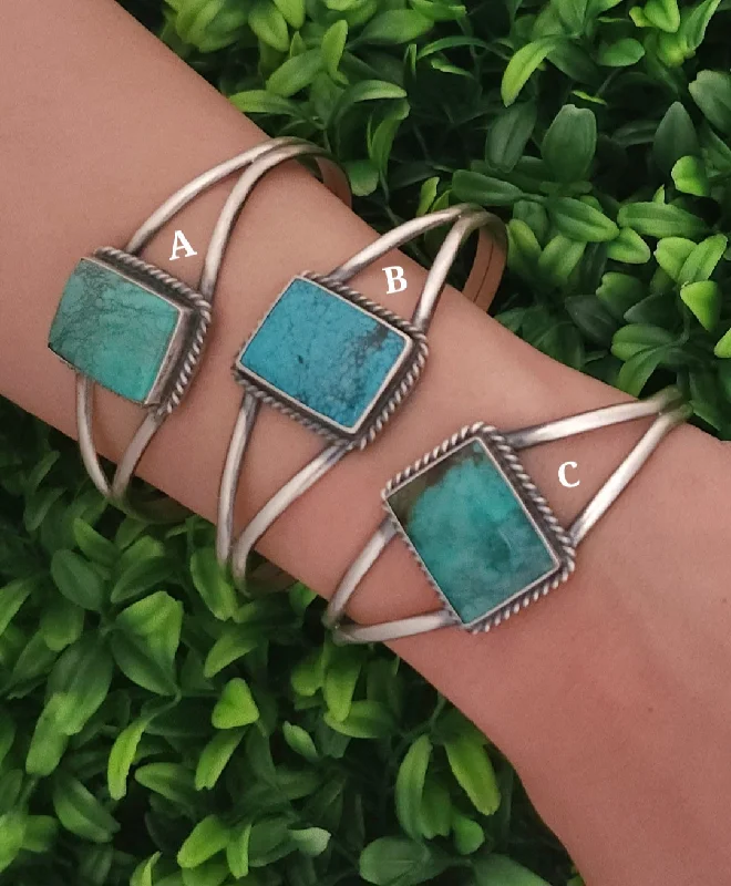 chic women’s bangles -Stamped Sterling Silver Turquoise Square Cuff Bracelets