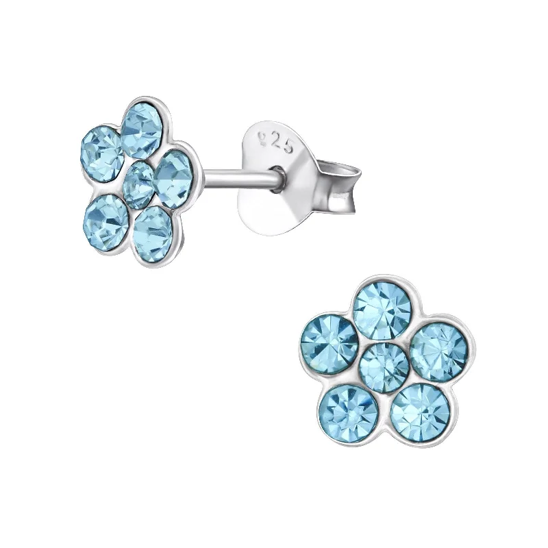 trendy earrings for women -Children's Sterling Silver Blue Diamante Flower Stud Earrings