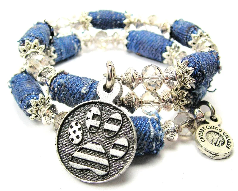 designer bracelets for women -American Flag Paw Print Blue Jean Beaded Wrap Bracelet