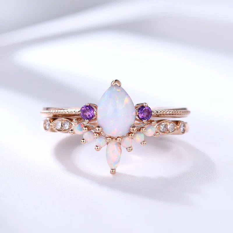 affordable luxury engagement rings -Unique Pear Opal Engagement Ring Set Rose Gold with Amethyst