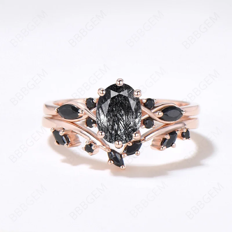 engagement rings for proposal -Rose Gold Oval Black Rutilated Quartz Engagement Ring Set