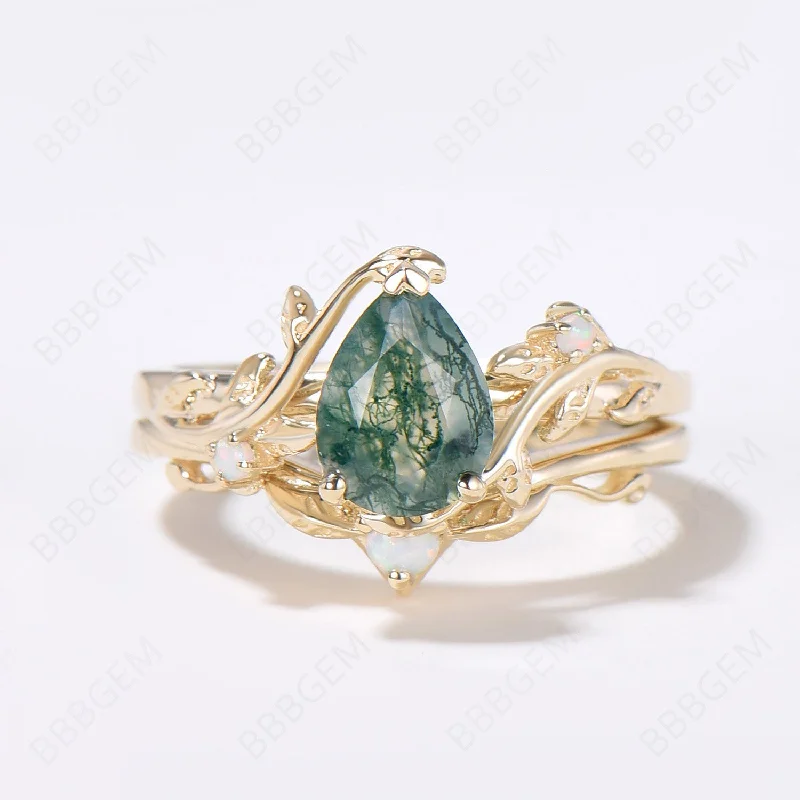 vintage engagement rings -Nature Inspired Twig Leaf Pear Moss Agate Engagement Ring Set