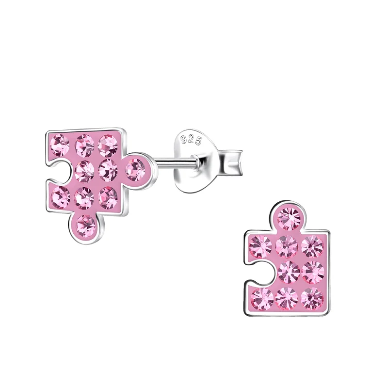 stylish tassel earrings -Children's Sterling Silver 'Pink Sparkle Jigsaw Puzzle Piece' Crystal Stud Earrings