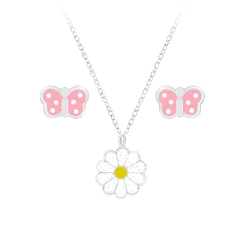 dazzling crystal earrings -Children's Sterling Silver Daisy Pendant Necklace and Butterfly Stud Earrings Set