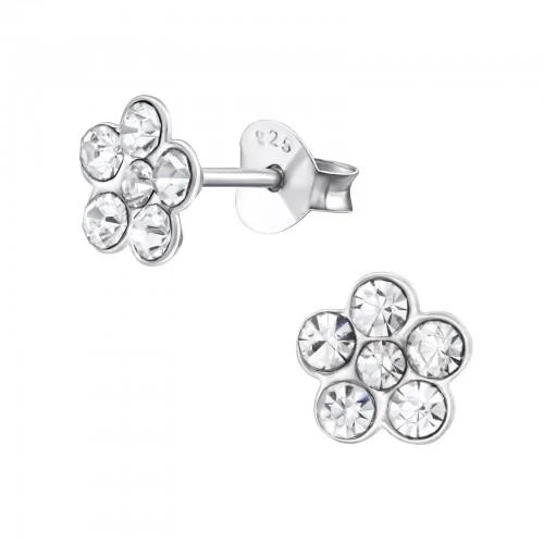 beautiful ear studs -Children's Sterling Silver Clear Diamante Flower Stud Earrings