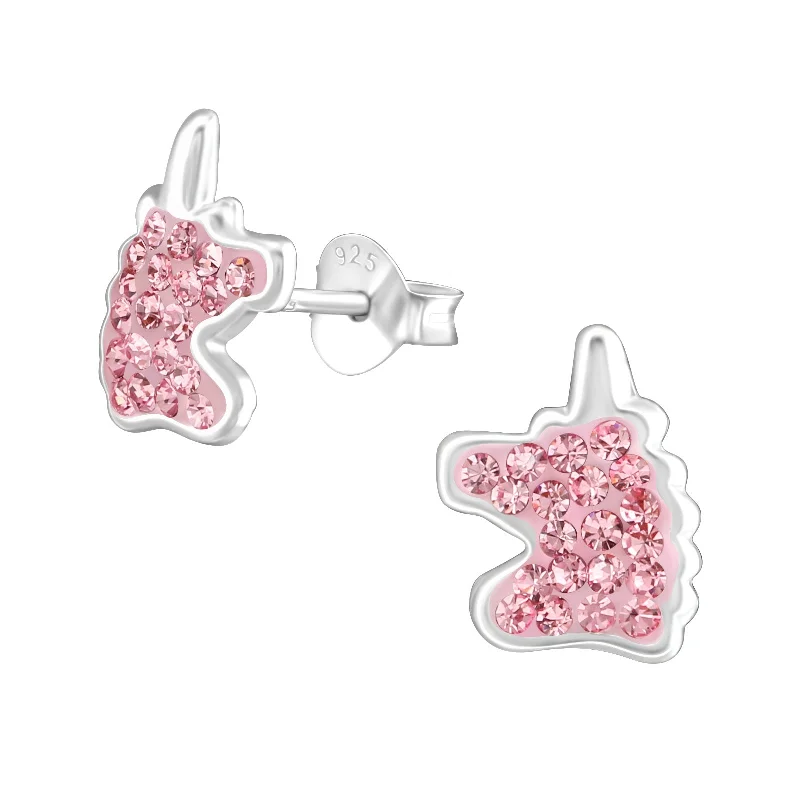 diamond drop earrings -Children's Sterling Silver 'Pink Sparkle Unicorn' Crystal Stud Earrings