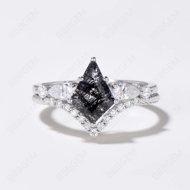 women’s engagement rings with diamonds -Silver 7x10mm Kite Black Rutilated Quartz Moissanite Bridal Ring Set