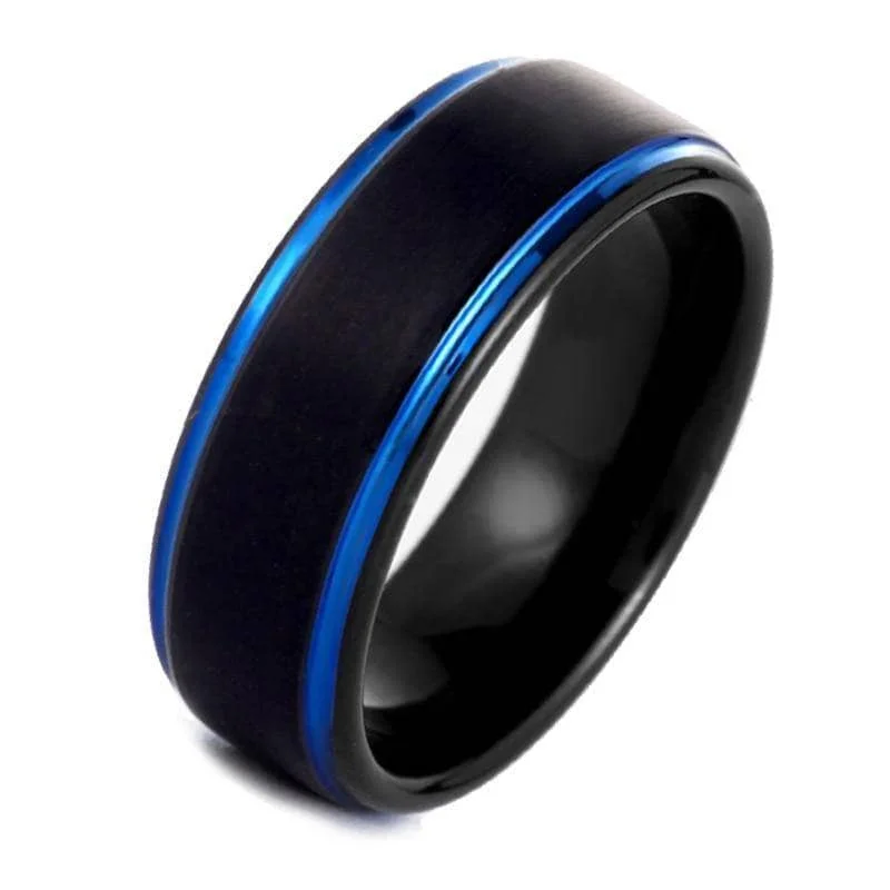 exquisite engagement rings -Men's Tungsten 8mm Black And Blue Line Wedding Band